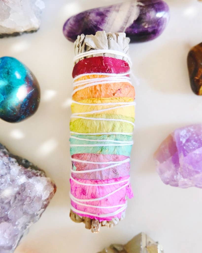 White Sage Smudge Stick 7 Chakra Floral 4"  100% Grown in CA