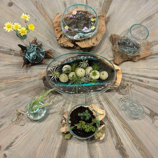 Glass Vase on Natural Wood Base (approx. 9"h)