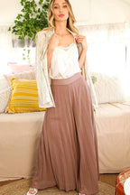 Front model view of Mocha high-waisted pleated pants