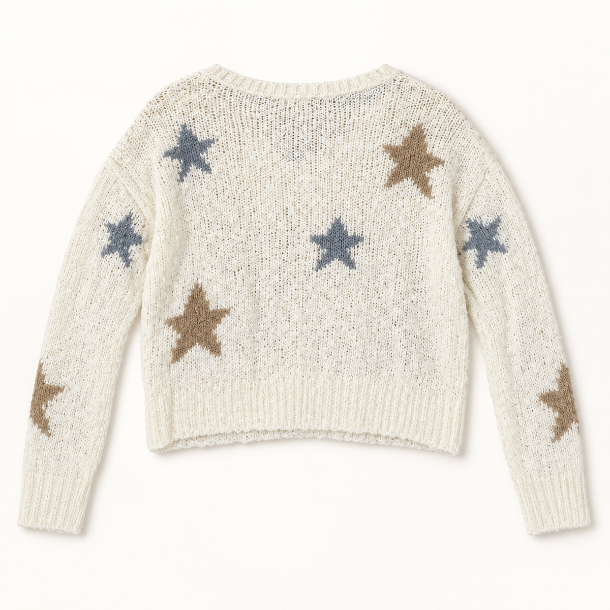 Adorable cream open-knit sweater with blue-gray and camel stars, back view