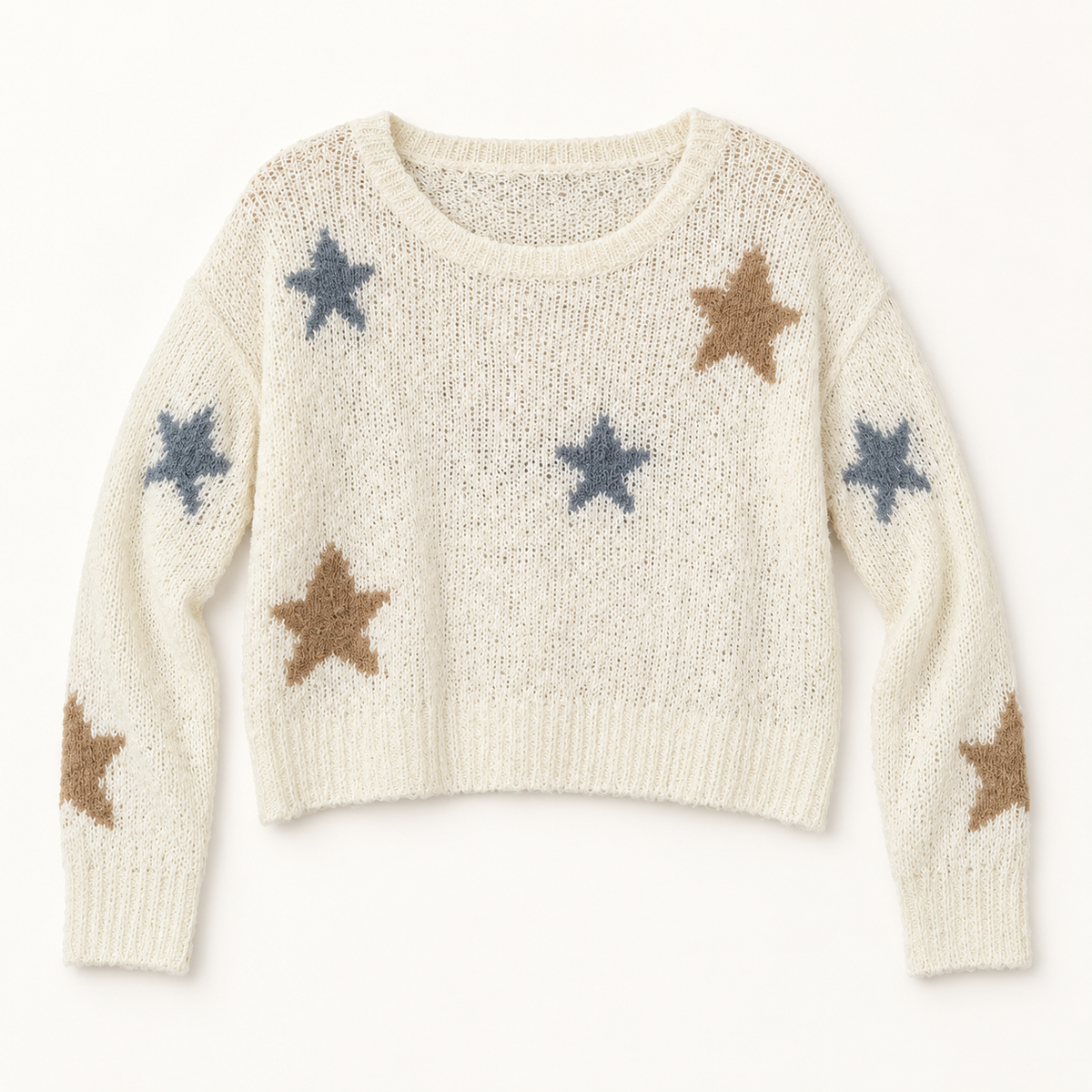 Adorable cream open-knit sweater with blue-gray and camel stars, front view
