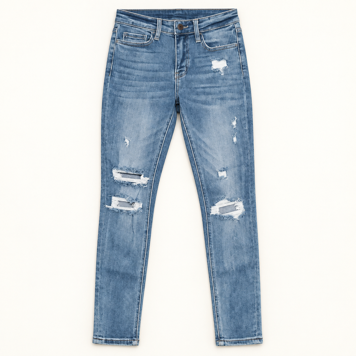 Amber V2948 medium-light wash distressed mid-rise skinny jeans professional front view
