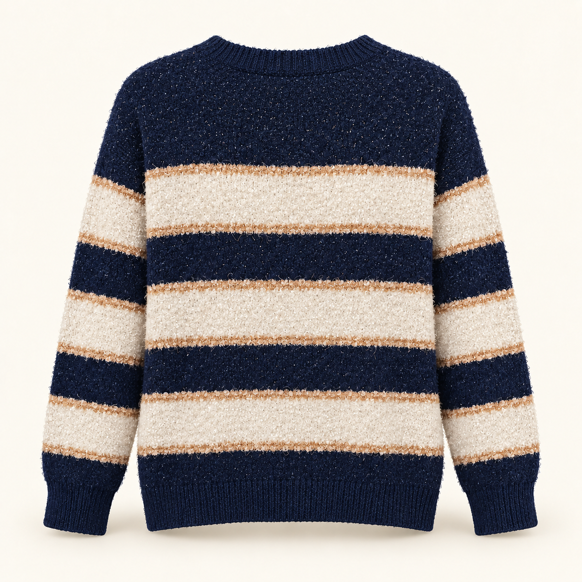 Aster navy cream and camel straight stripe fuzzy sweater back view