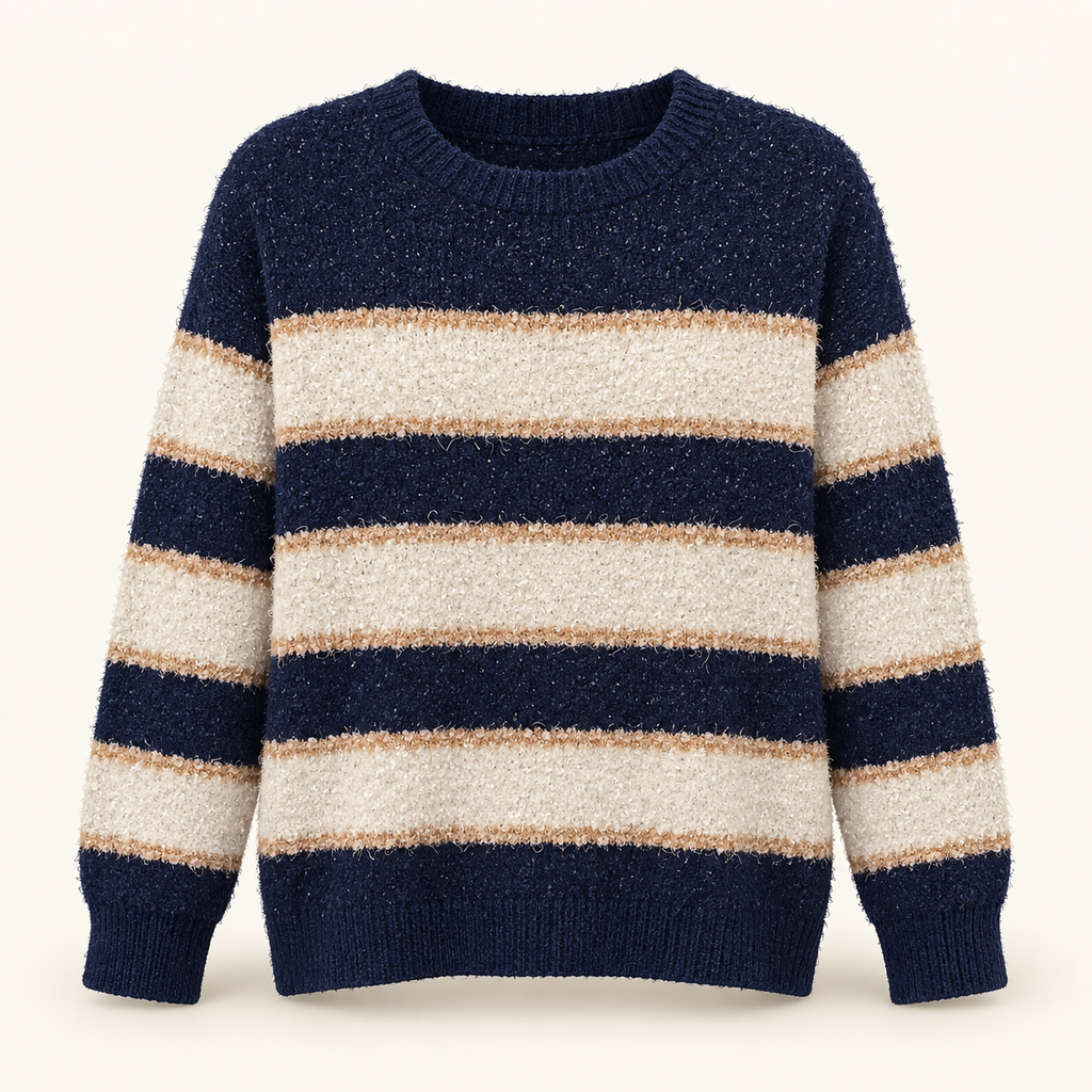 Aster navy cream and camel straight stripe fuzzy sweater front view
