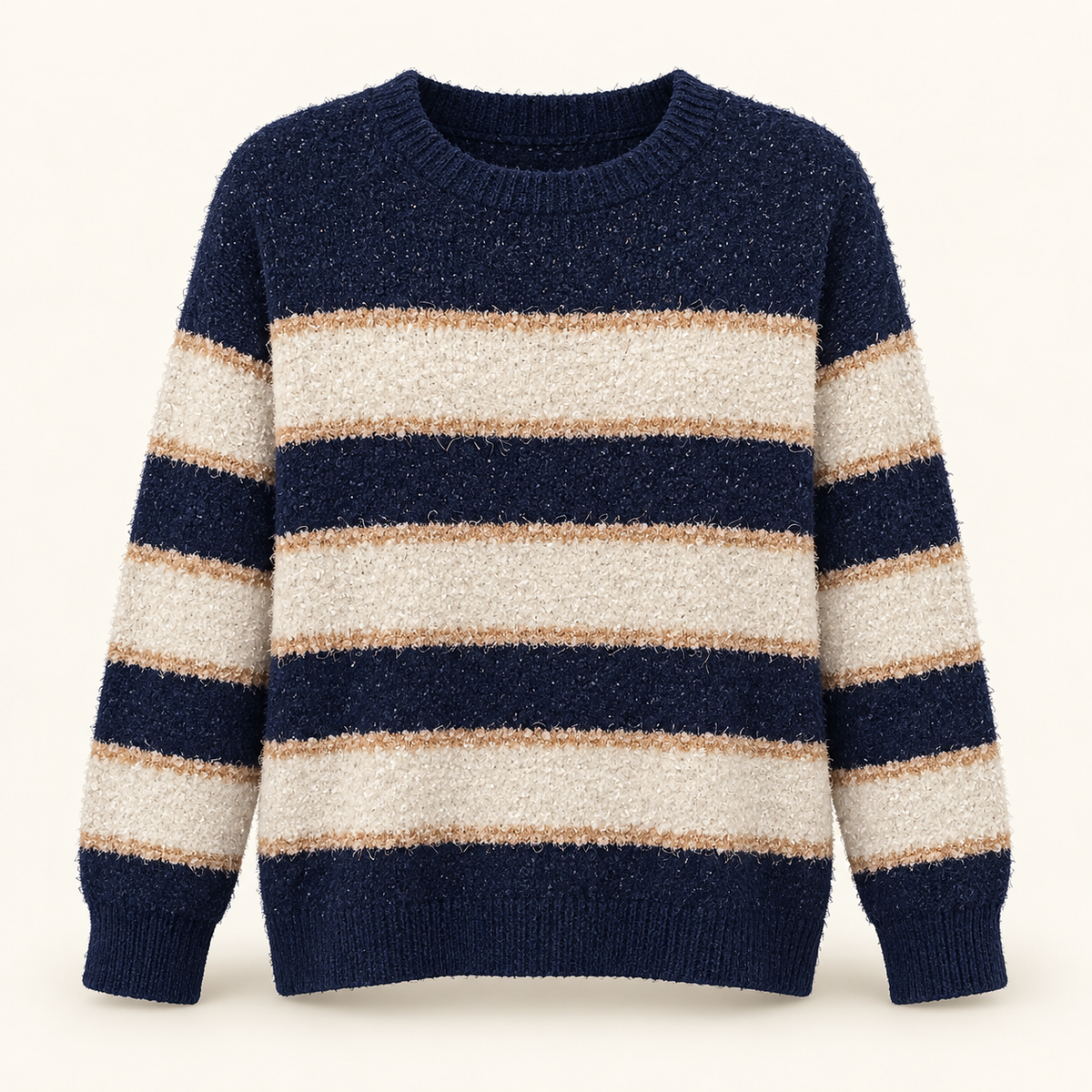 Aster navy cream and camel straight stripe fuzzy sweater front view