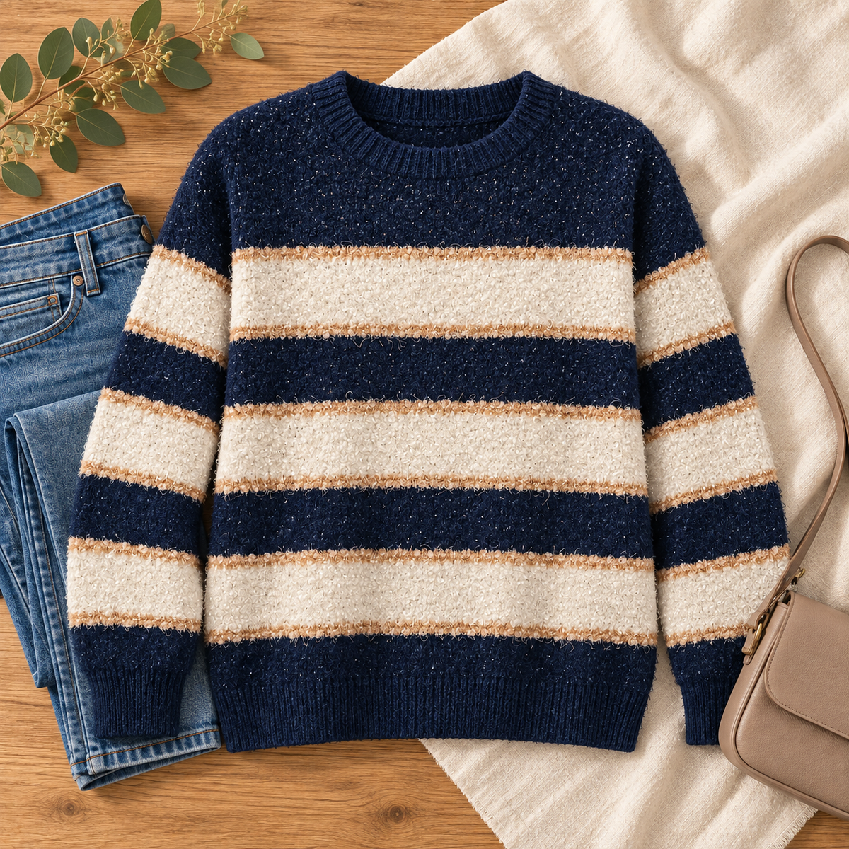 Aster navy cream and camel straight stripe fuzzy sweater styled flat lay