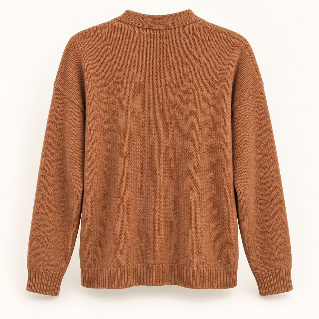 Autumn rust open-front knit cardigan back view