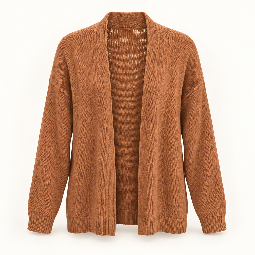 Autumn rust open-front knit cardigan front view