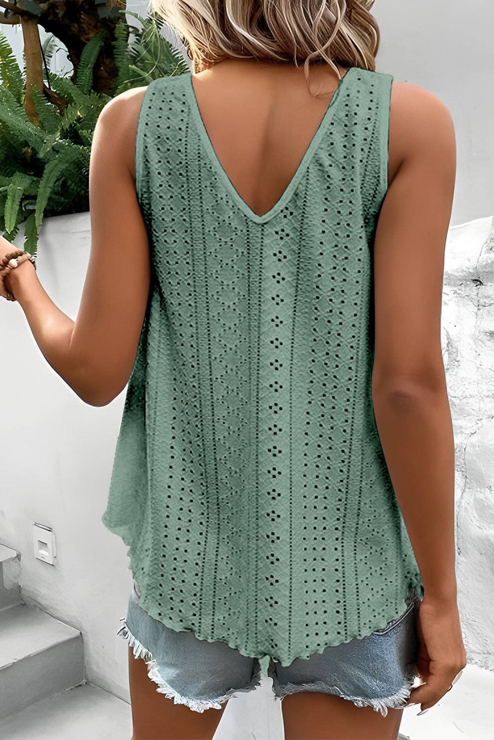 Briar mist green lace-trim tank, back view