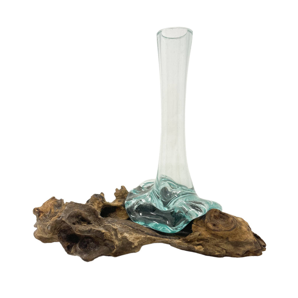 Glass Vase on Natural Wood Base (approx. 9"h) - product photo