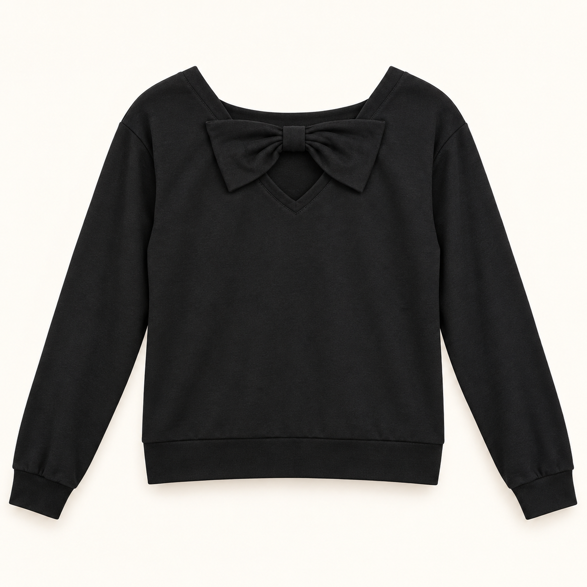Beaux black long-sleeve top with statement bow, accurate back view