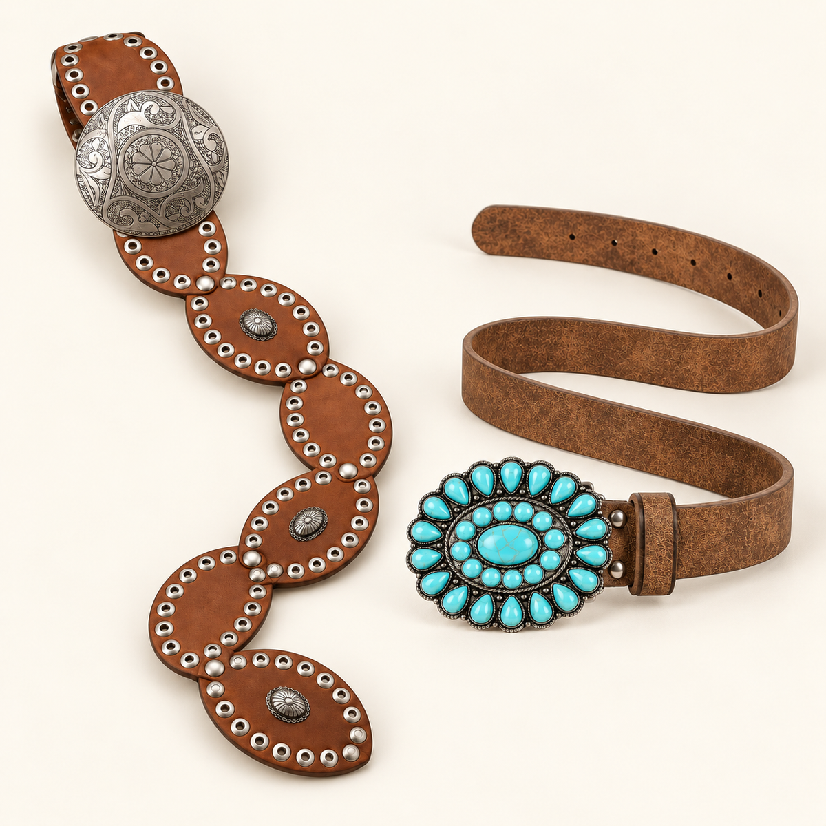 Western statement belts in Brown and Teal and Silver Buckle styles
