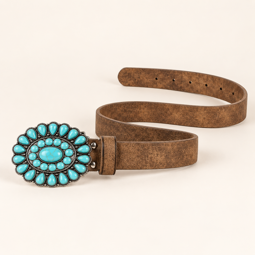Brown belt with oversized teal western buckle