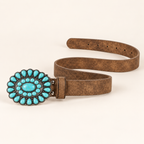 Brown belt with oversized teal western buckle