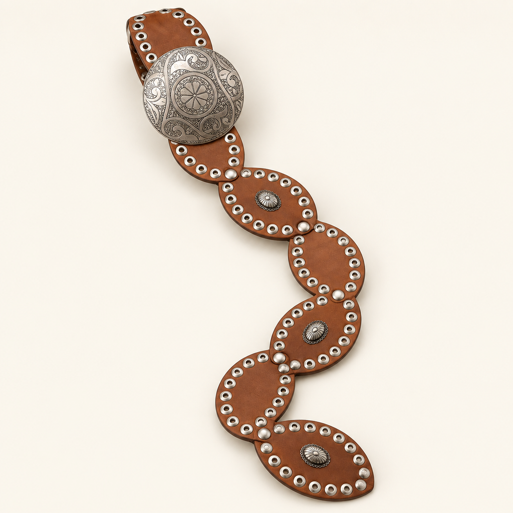 Brown linked western belt with engraved silver-tone buckle