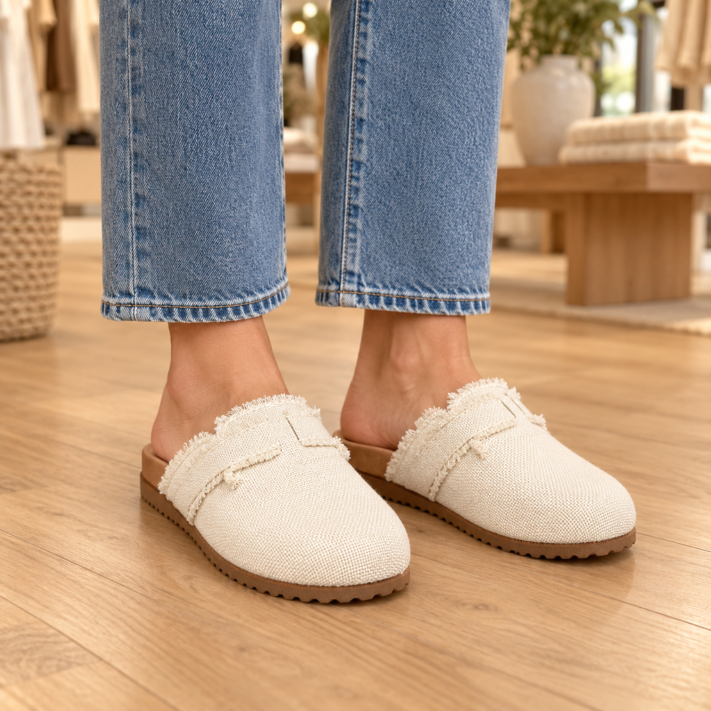 Birch ivory frayed canvas mule clogs styled on foot with cropped jeans
