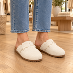 Birch ivory frayed canvas mule clogs styled on foot with cropped jeans