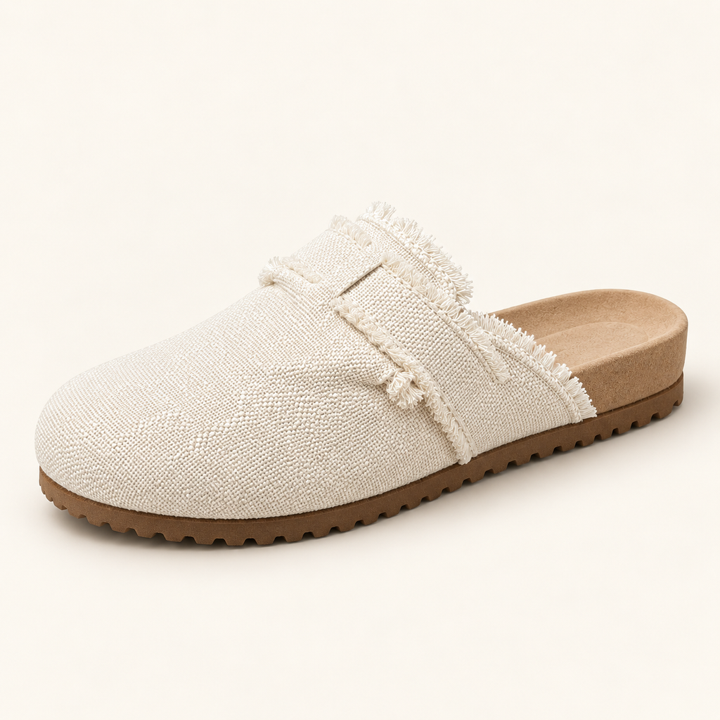 Birch ivory frayed canvas mule clog side profile showing open heel and ridged sole