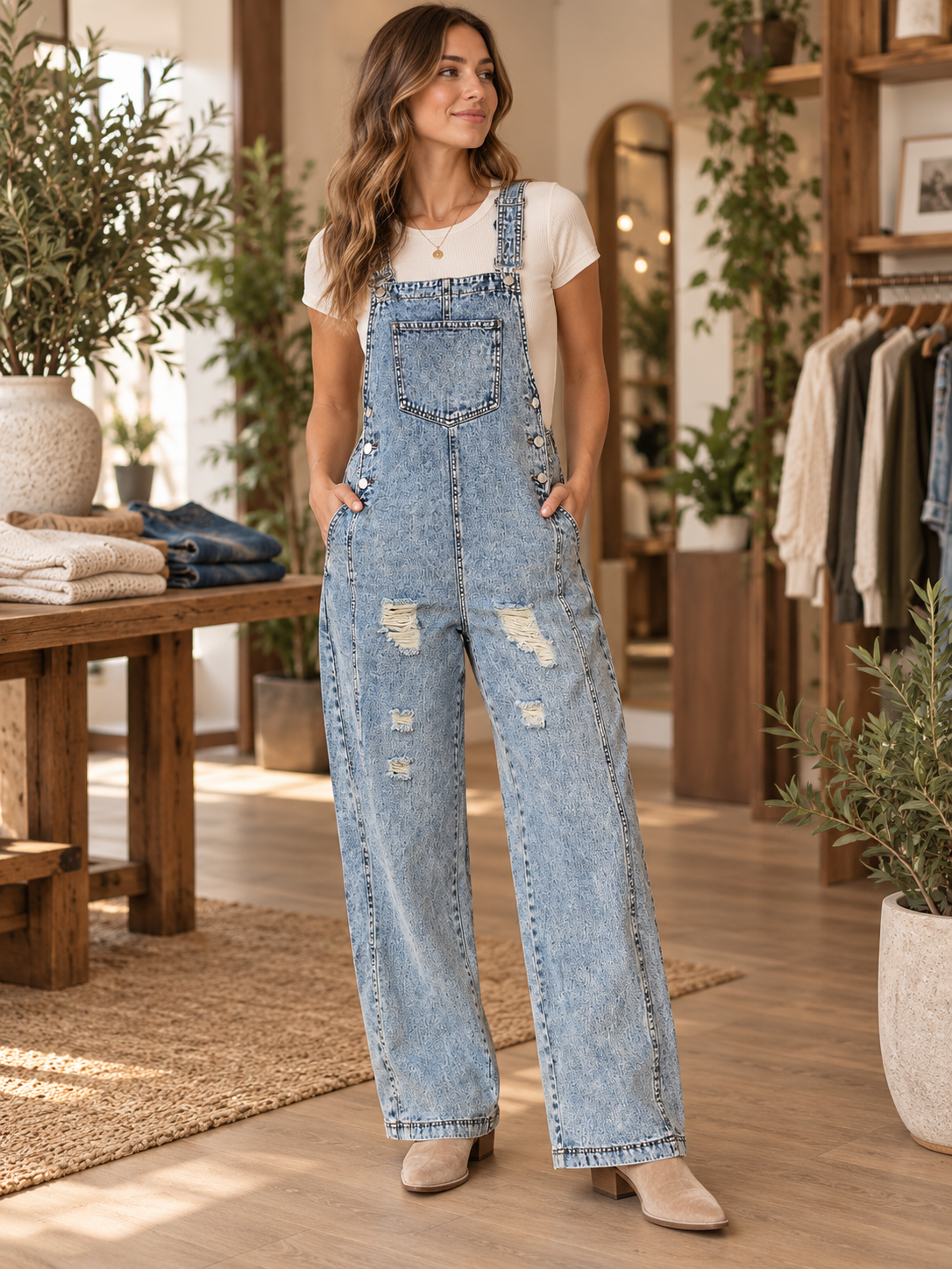 Model wearing Blue Denim Overalls