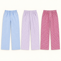 BP24018 pajama pants in blue striped, lilac plaid, and burgundy plaid with three-button fronts