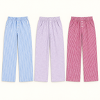 BP24018 pajama pants in blue striped, lilac plaid, and burgundy plaid with three-button fronts