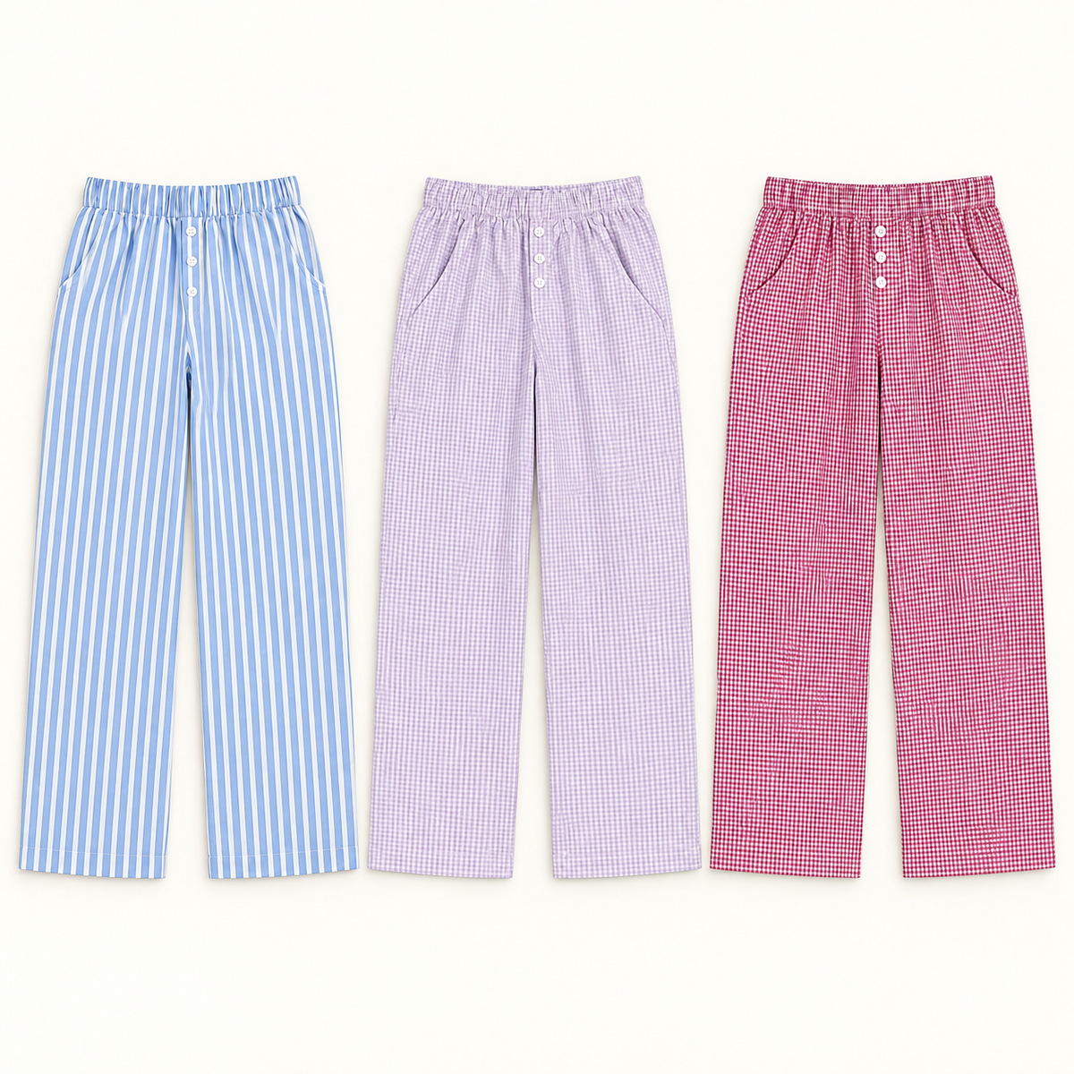 BP24018 pajama pants in blue striped, lilac plaid, and burgundy plaid with three-button fronts