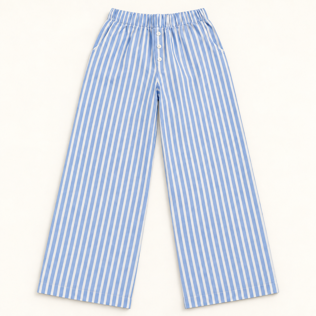 BP24018 blue striped wide-leg pajama pants with three white front buttons