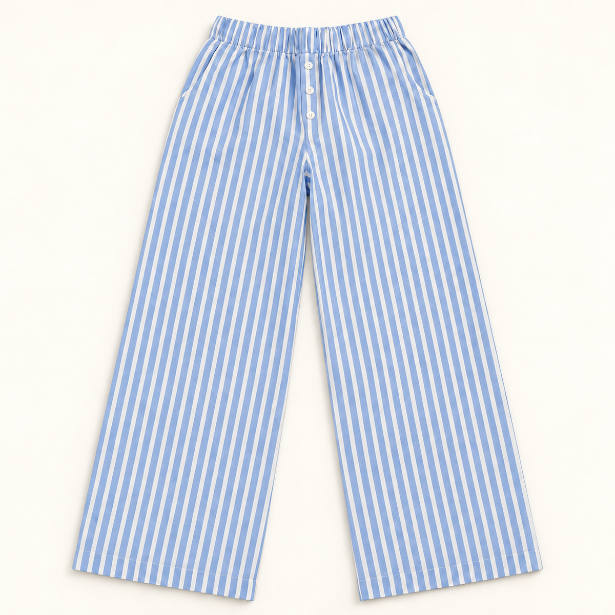 BP24018 blue striped wide-leg pajama pants with three white front buttons