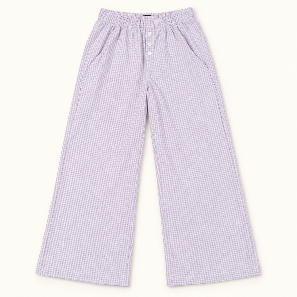 BP24018 lilac plaid wide-leg pajama pants with three white front buttons