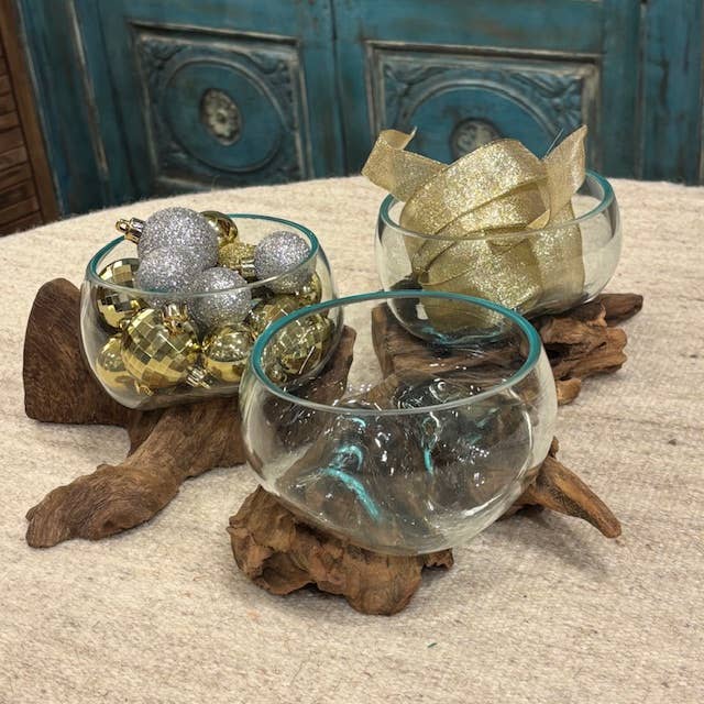 Glass Bowl on Wood Base/Succulent Dish