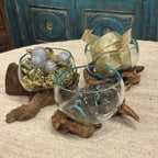 Glass Bowl on Wood Base/Succulent Dish