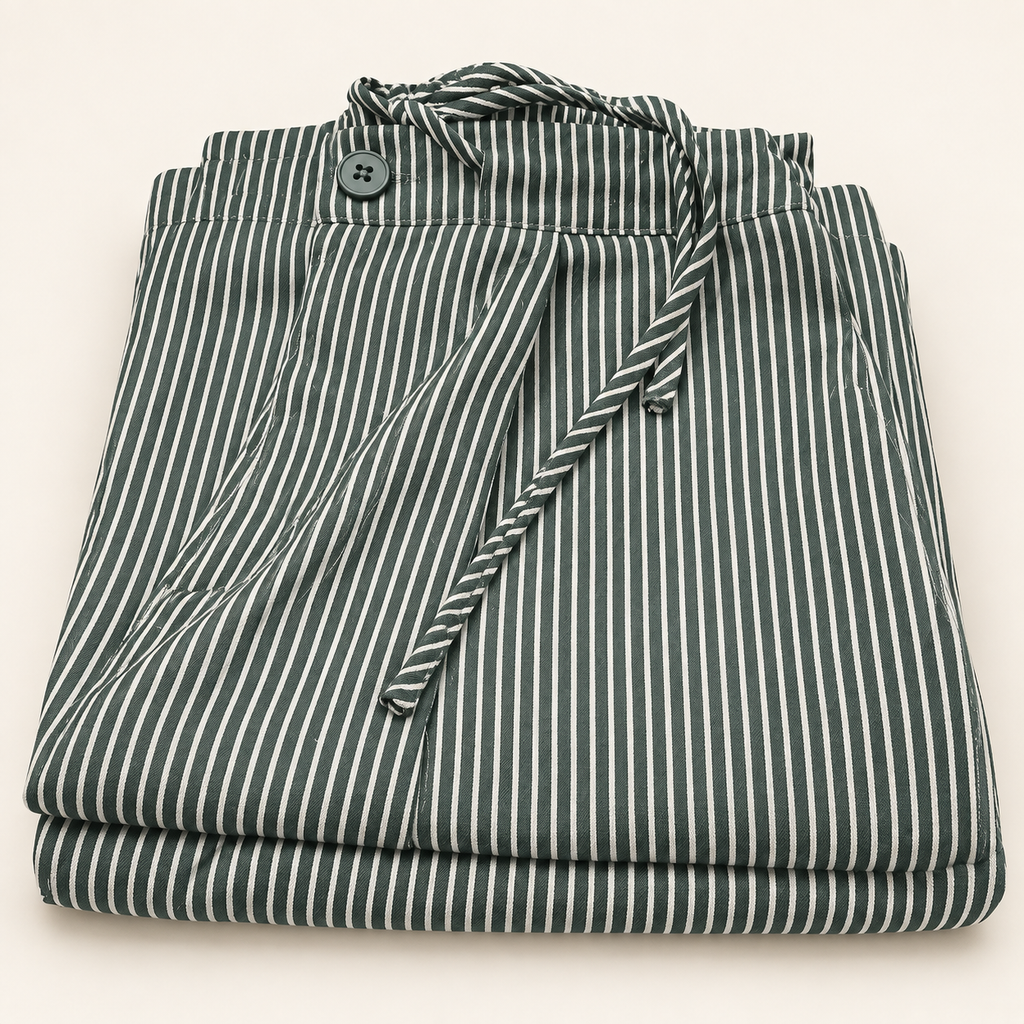 Darcy green and ivory striped pants folded detail view