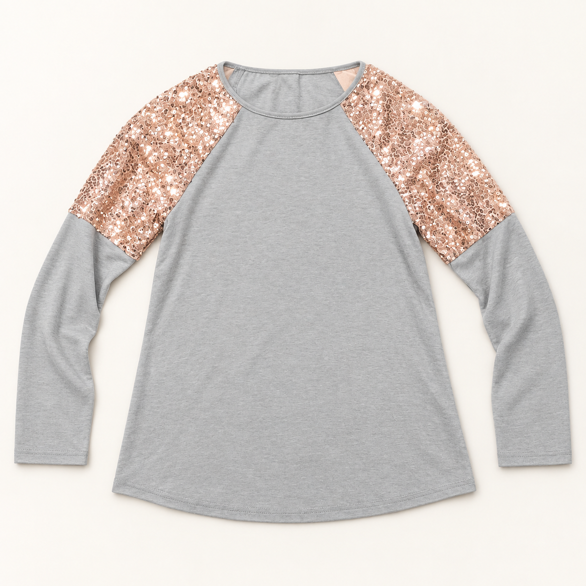 Dazzle gray top with rose gold sequin sleeves front view