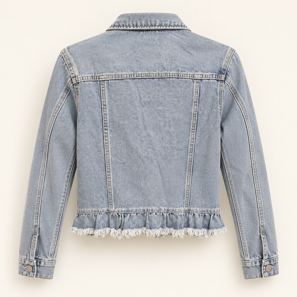 Dolly light wash denim jacket back view with ruffle hem