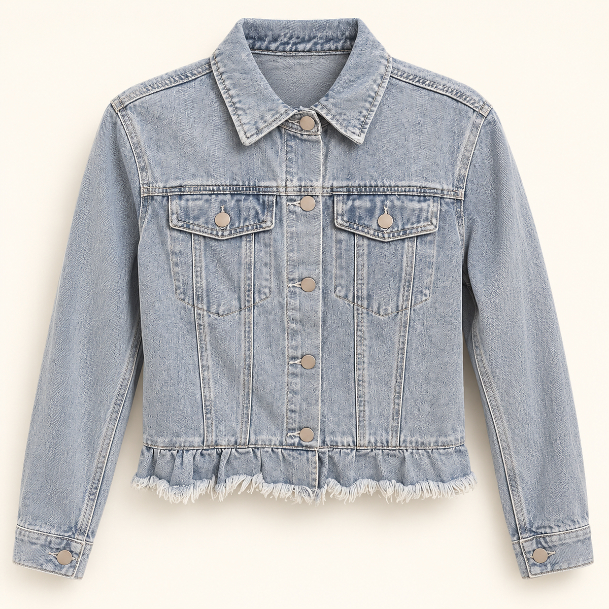 Dolly light wash denim jacket front view with ruffle hem