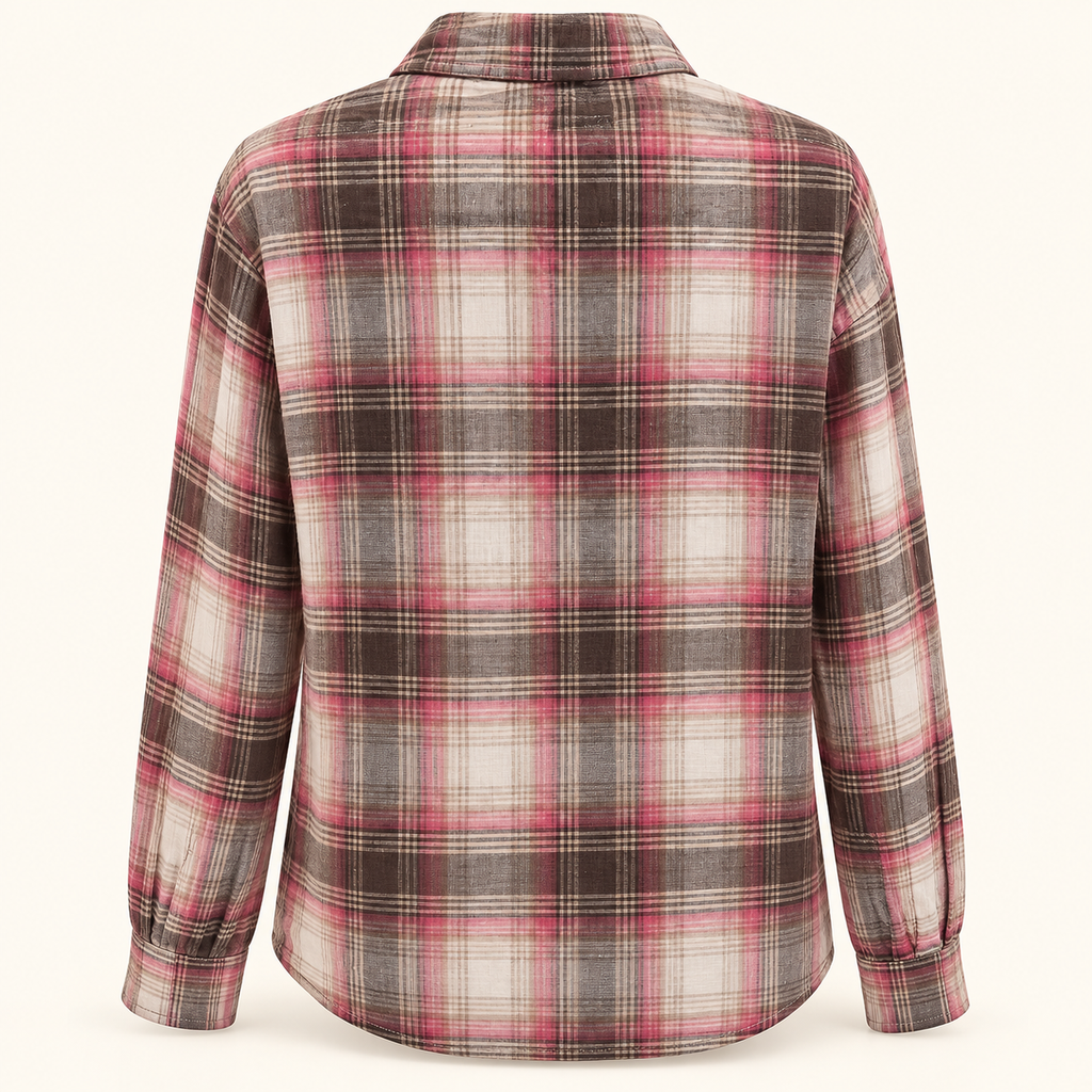 Eleanor pink, brown and cream plaid button-up shirt back view
