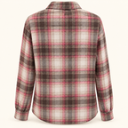 Eleanor pink, brown and cream plaid button-up shirt back view