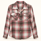 Eleanor pink, brown and cream plaid button-up shirt front view