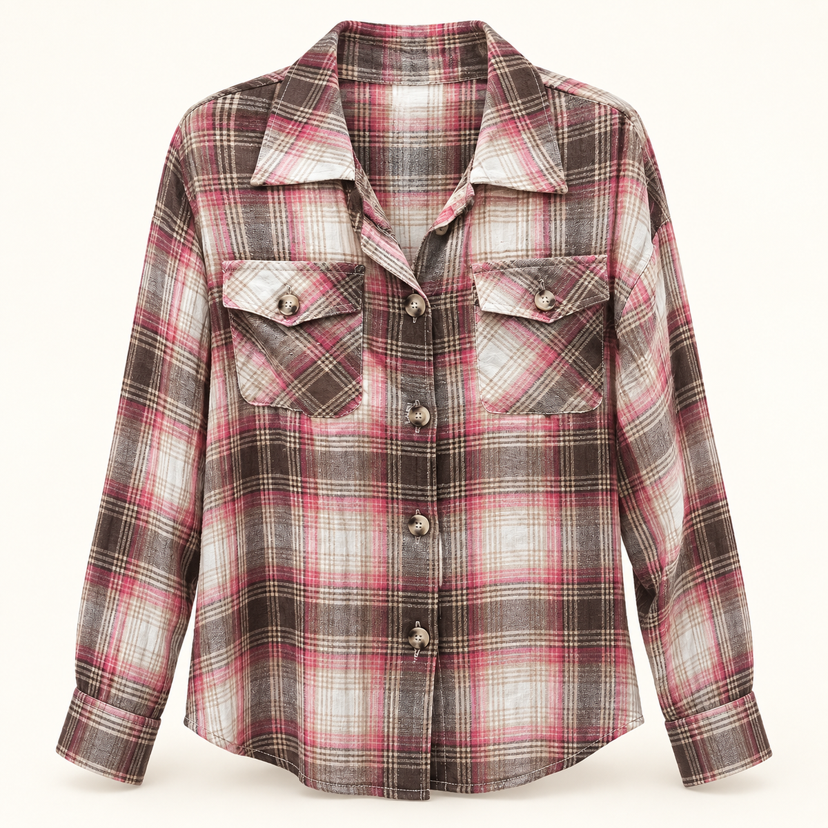 Eleanor pink, brown and cream plaid button-up shirt front view