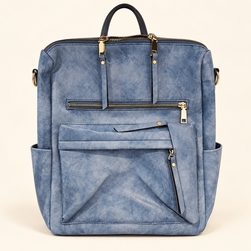 Ellie backpack in distressed blue with gold-tone zipper details