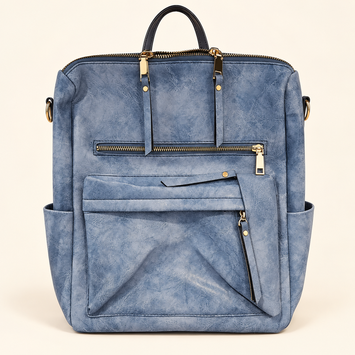 Ellie backpack in distressed blue with gold-tone zipper details