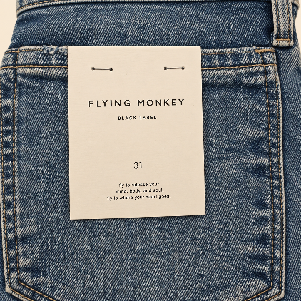 Flying Monkey Black Label F5391 medium-wash denim brand tag detail