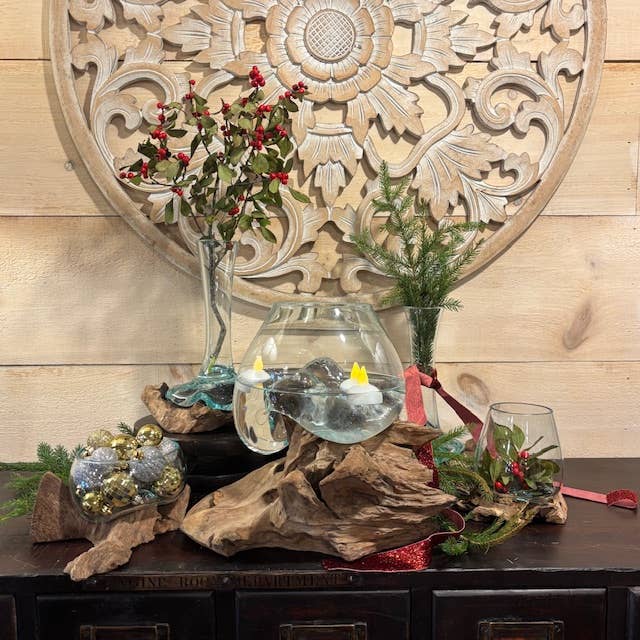 Glass Vase on Natural Wood Base (approx. 9"h)