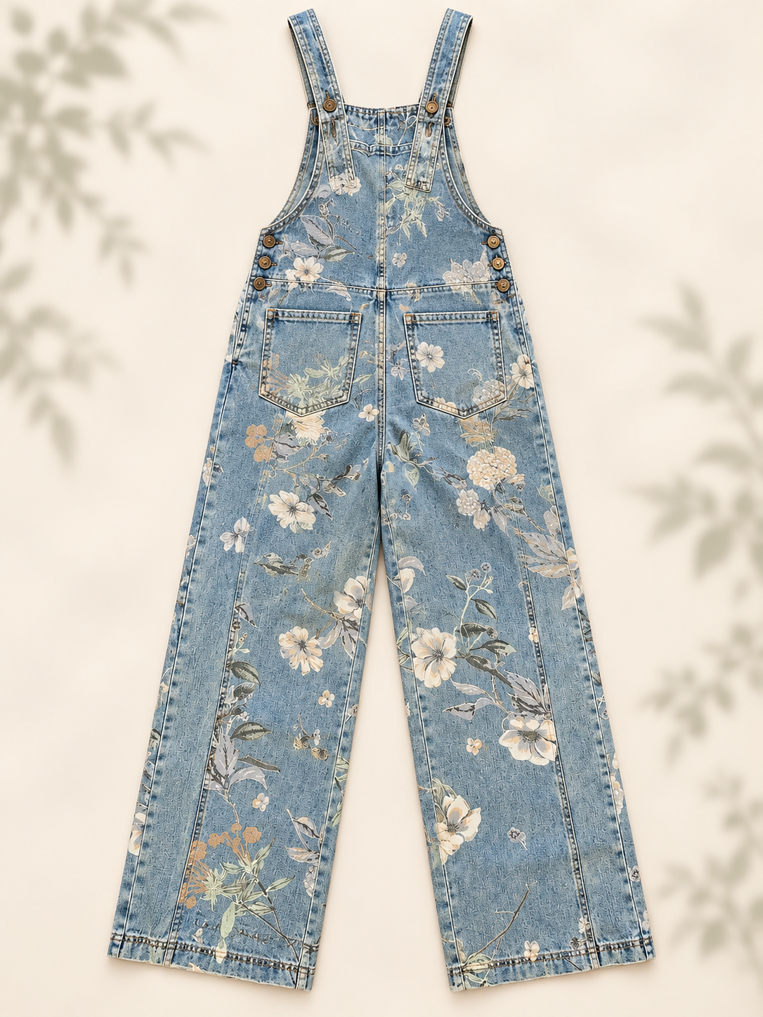 Floral Bibs light-wash floral denim overalls back view