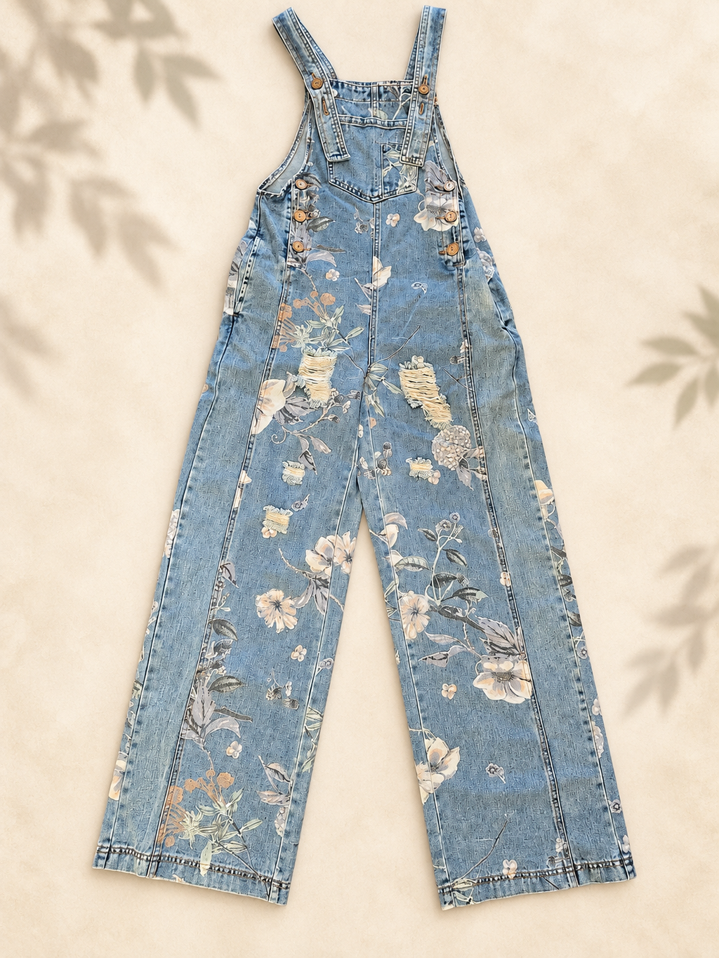 Floral Bibs light-wash floral denim overalls correct front view