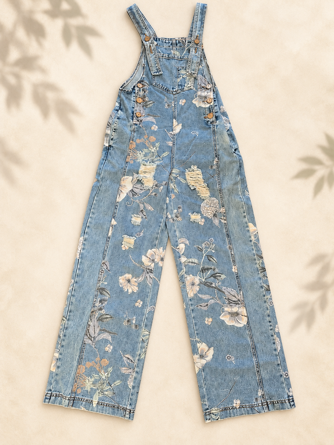 Floral Bibs light-wash floral denim overalls correct front view
