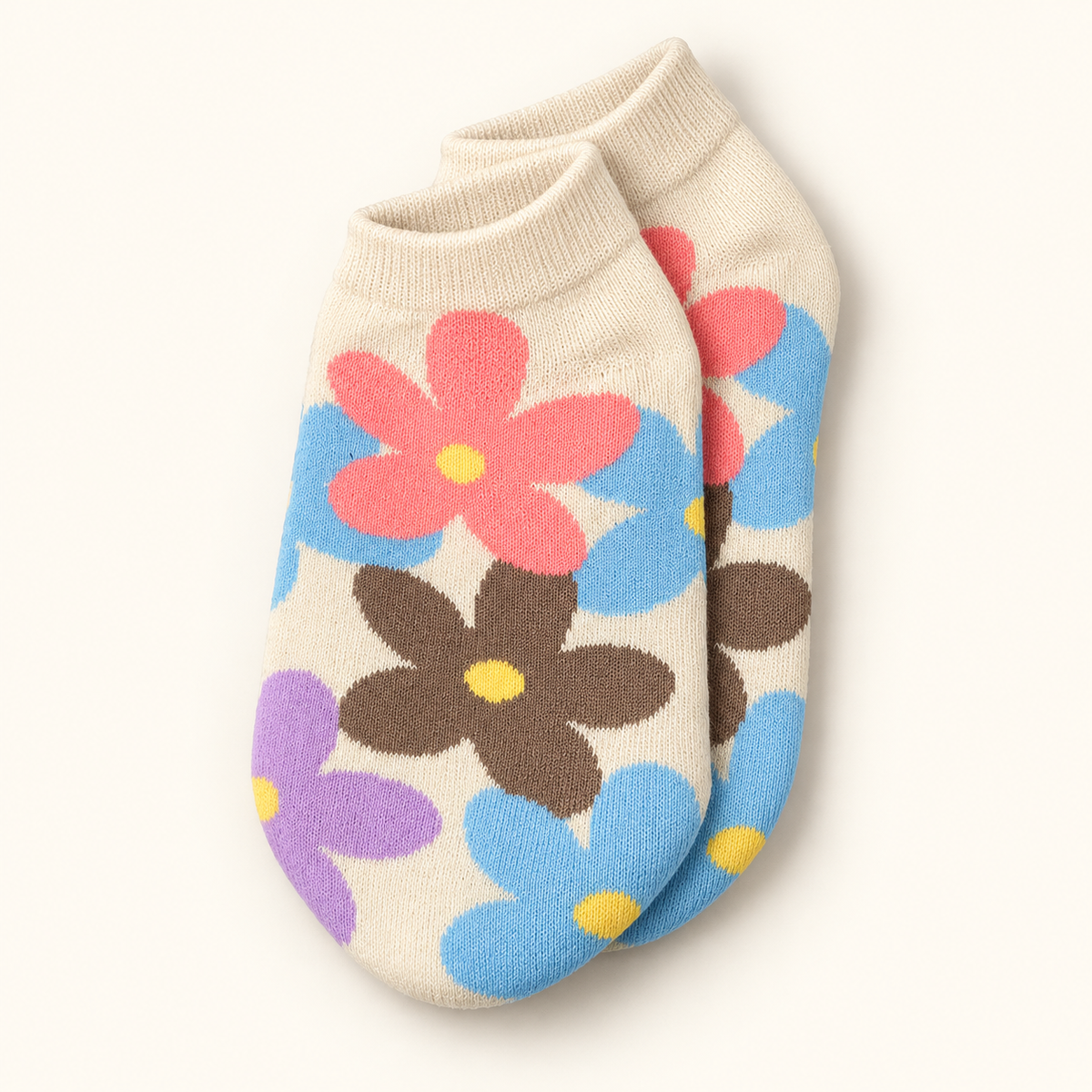 Flower cream ankle socks with colorful oversized floral pattern