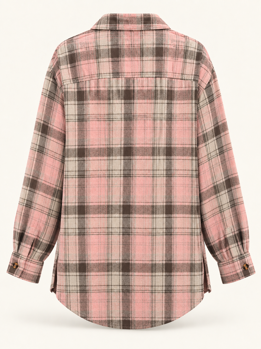 Grace pink, taupe and cream plaid shirt back view