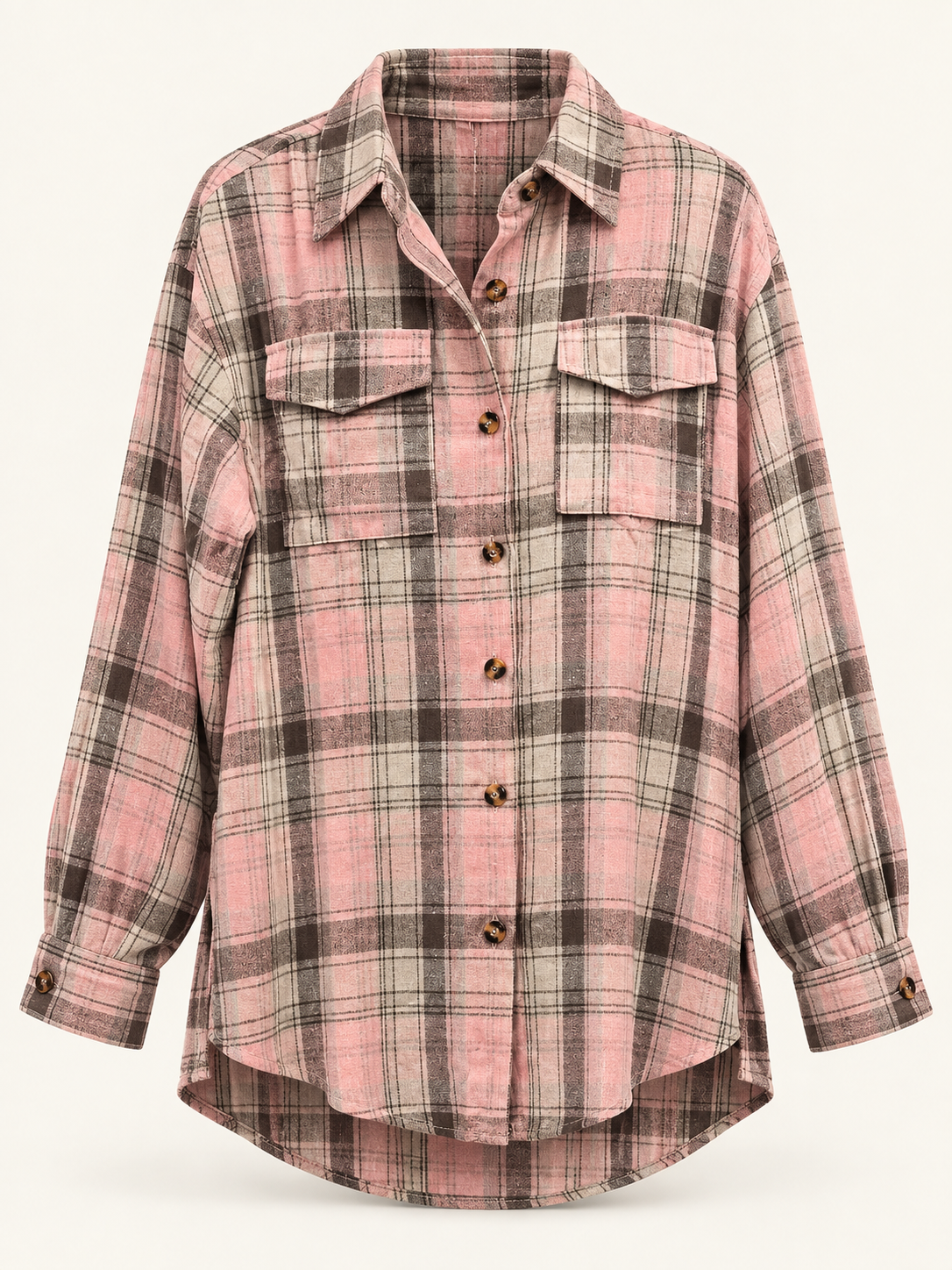 Grace pink, taupe and cream plaid shirt front view