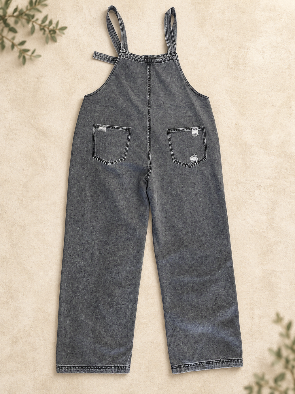 Grey Bibs washed charcoal denim overalls back view